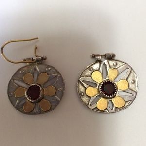 Unique Sterling Silver 18K Gold Earrings with Garnet Gemstone
